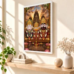 Jagannath Trinity Traditional Indian Miniature-Inspired Devotional Art Photo Frame 15 Jagannath Trinity Traditional Indian Miniature-Inspired Devotional Art Photo Frame — white frame warm console