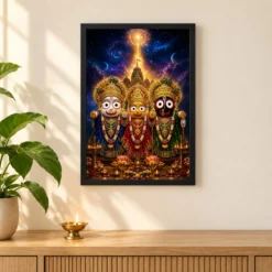 Jagannath Trinity Cosmic Celestial Aura Photo Frame — black frame pooja shelf