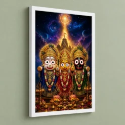 Jagannath Trinity Cosmic Celestial Aura Photo Frame — white frame angled wall