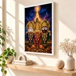 Jagannath Trinity Cosmic Celestial Aura Photo Frame — white frame warm console