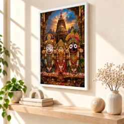 Jagannath Trinity Heritage Temple Architecture Backdrop Photo Frame — white frame warm console