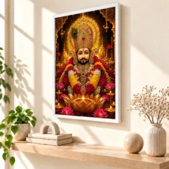Khatu Shyam Lotus And Diya Radiance Photo Frame — white frame warm console