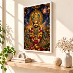Khatu Shyam Cosmic Celestial Aura Photo Frame — white frame warm console
