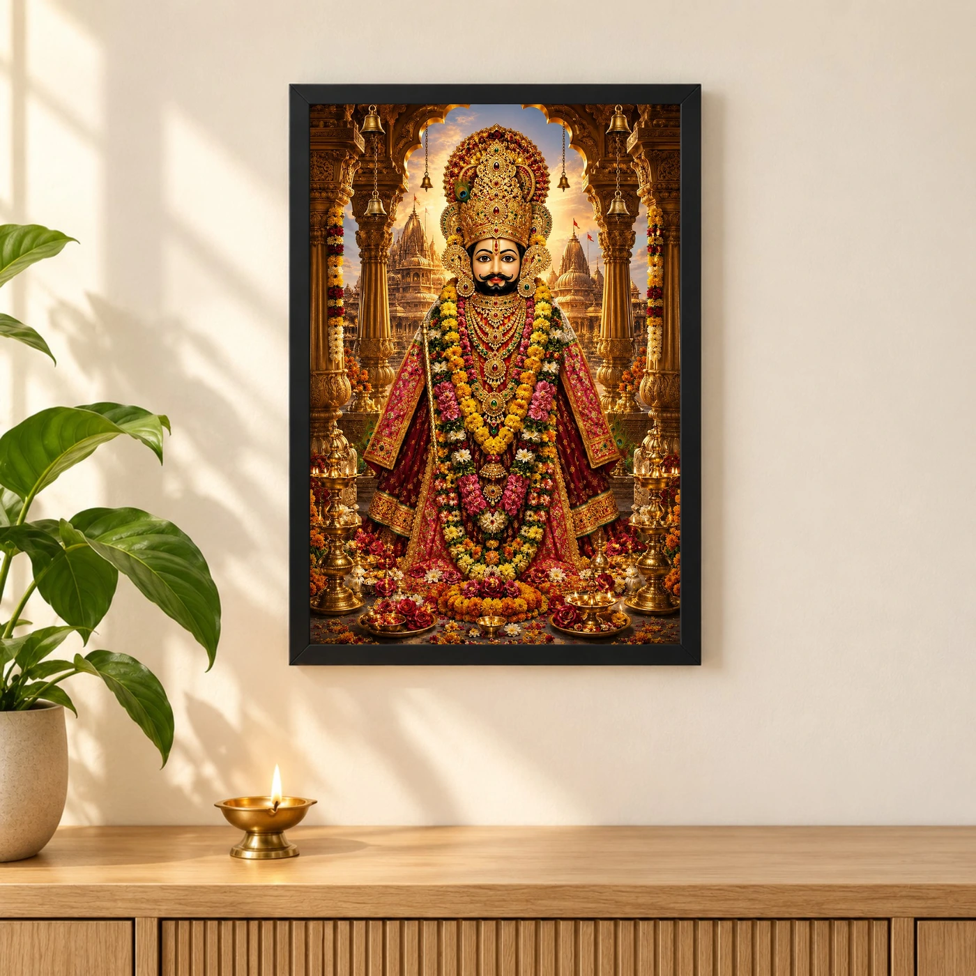 Khatu Shyam Heritage Temple Architecture Backdrop Photo Frame 3 Khatu Shyam Heritage Temple Architecture Backdrop Photo Frame — black frame pooja shelf