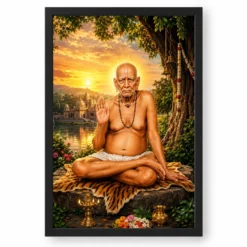 Swami Samarth Serene Sunrise Blessing Photo Frame — black frame clean