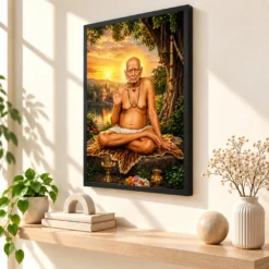 Swami Samarth Serene Sunrise Blessing Photo Frame — black frame console
