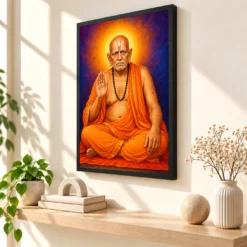 Swami Samarth Royal Jewel-Toned Portrait Photo Frame — black frame console