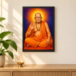 Swami Samarth Royal Jewel-Toned Portrait Photo Frame — black frame pooja shelf