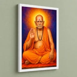 Swami Samarth Royal Jewel-Toned Portrait Photo Frame — white frame angled wall