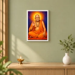 Swami Samarth Royal Jewel-Toned Portrait Photo Frame — white frame distant wall