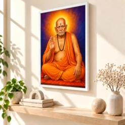 Swami Samarth Royal Jewel-Toned Portrait Photo Frame — white frame warm console