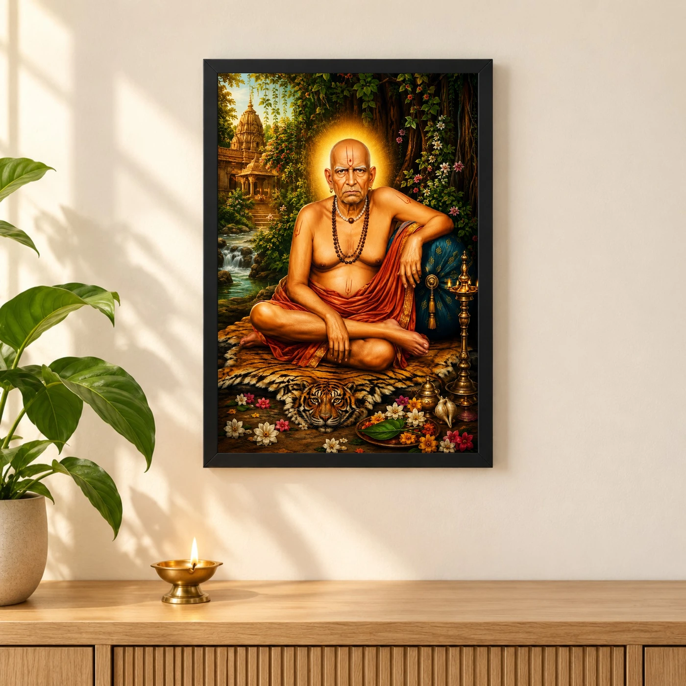 Swami Samarth Traditional Indian Miniature-Inspired Devotional Art Photo Frame 3 Swami Samarth Traditional Indian Miniature-Inspired Devotional Art Photo Frame — black frame pooja shelf
