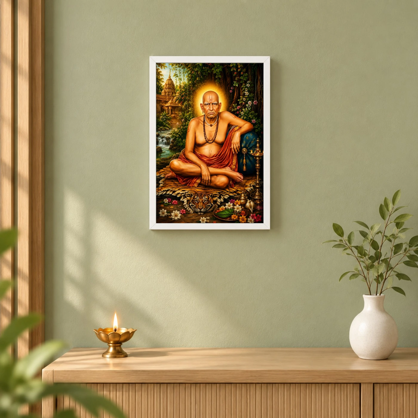 Swami Samarth Traditional Indian Miniature-Inspired Devotional Art Photo Frame 6 Swami Samarth Traditional Indian Miniature-Inspired Devotional Art Photo Frame — white frame distant wall
