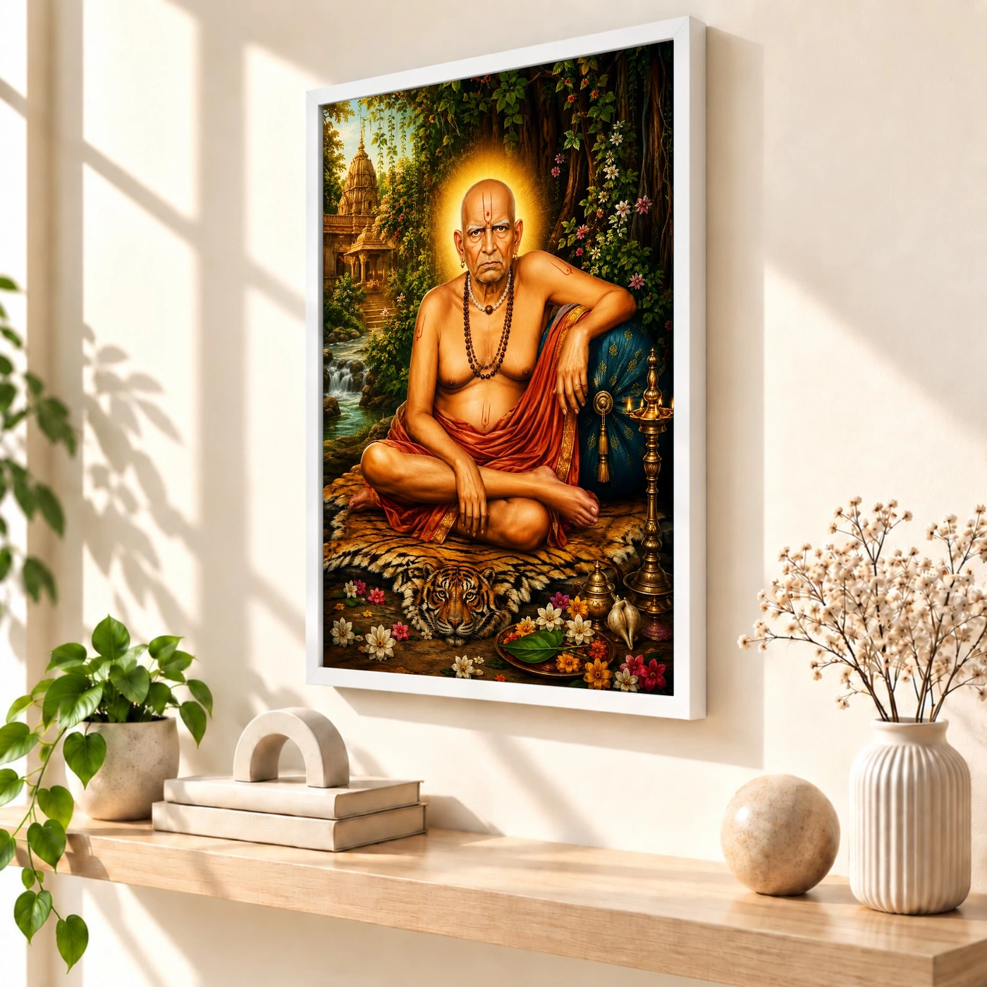 Swami Samarth Traditional Indian Miniature-Inspired Devotional Art Photo Frame 7 Swami Samarth Traditional Indian Miniature-Inspired Devotional Art Photo Frame — white frame warm console