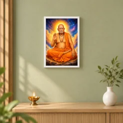 Swami Samarth Cosmic Celestial Aura Photo Frame — white frame distant wall