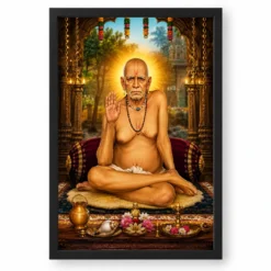 Swami Samarth Peaceful Home Mandir Composition Photo Frame — black frame clean