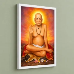 Swami Samarth Vivid Premium Spiritual Poster Art Photo Frame — white frame angled wall