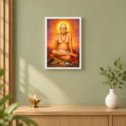 Swami Samarth Vivid Premium Spiritual Poster Art Photo Frame — white frame distant wall