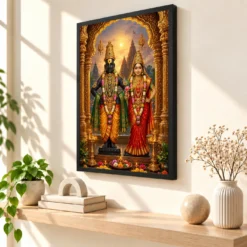 Vitthal Rukmini Ornate Golden Temple Darshan Photo Frame — black frame console