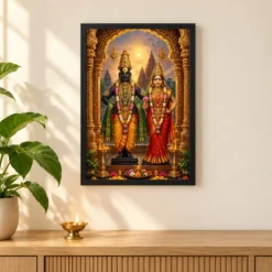 Vitthal Rukmini Ornate Golden Temple Darshan Photo Frame — black frame pooja shelf