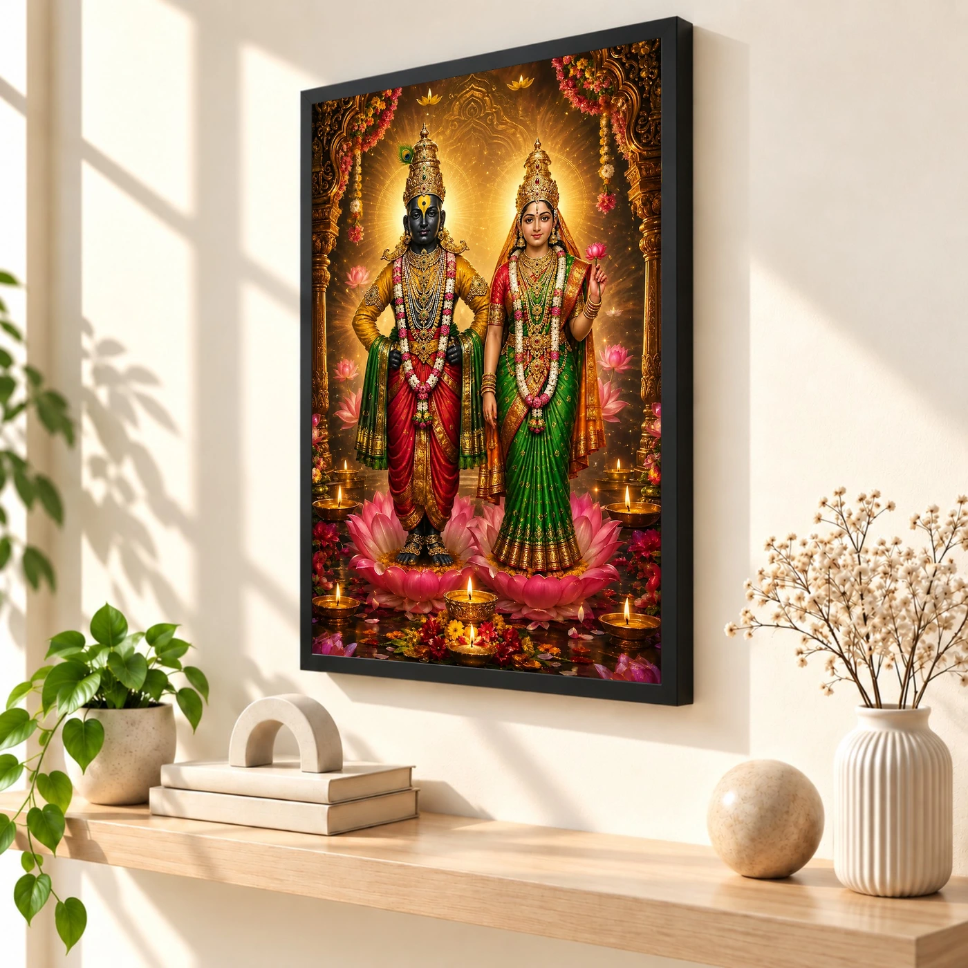 Vitthal Rukmini Lotus And Diya Radiance Photo Frame 2 Vitthal Rukmini Lotus And Diya Radiance Photo Frame — black frame console