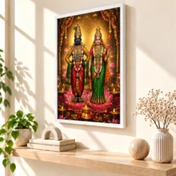 Vitthal Rukmini Lotus And Diya Radiance Photo Frame 15 Vitthal Rukmini Lotus And Diya Radiance Photo Frame — white frame warm console