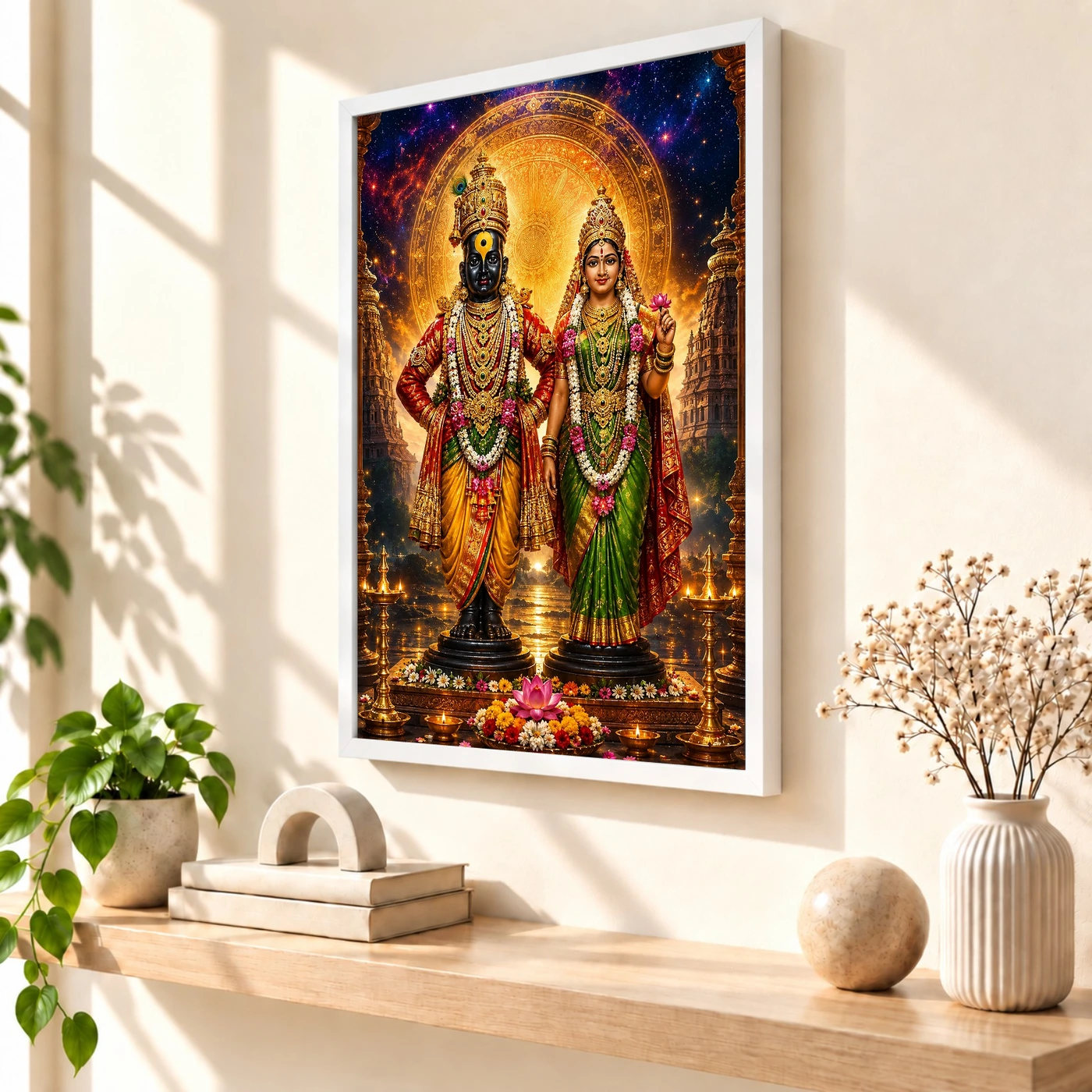 Vitthal Rukmini Cosmic Celestial Aura Photo Frame 7 Vitthal Rukmini Cosmic Celestial Aura Photo Frame — white frame warm console
