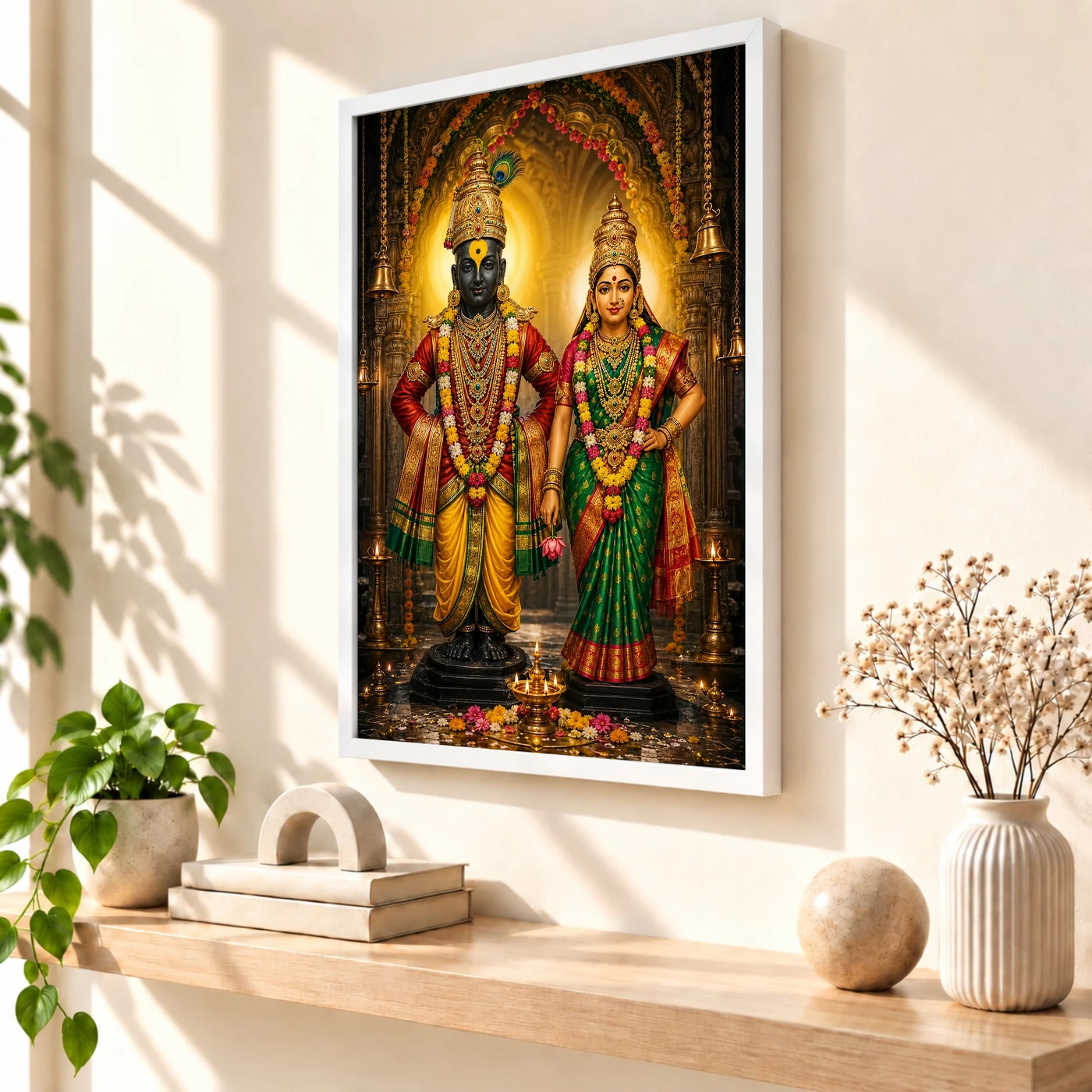 Vitthal Rukmini Vivid Premium Spiritual Poster Art Photo Frame 7 Vitthal Rukmini Vivid Premium Spiritual Poster Art Photo Frame — white frame warm console