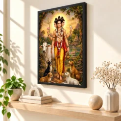 Dattatreya Traditional Indian Miniature-Inspired Devotional Art Photo Frame — black frame console