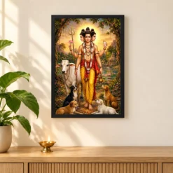 Dattatreya Traditional Indian Miniature-Inspired Devotional Art Photo Frame — black frame pooja shelf