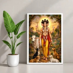 Dattatreya Traditional Indian Miniature-Inspired Devotional Art Photo Frame — white frame console