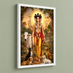Dattatreya Traditional Indian Miniature-Inspired Devotional Art Photo Frame — white frame angled wall