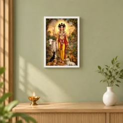 Dattatreya Traditional Indian Miniature-Inspired Devotional Art Photo Frame — white frame distant wall