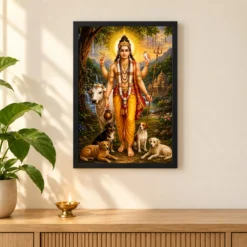 Dattatreya Peaceful Home Mandir Composition Photo Frame — black frame pooja shelf