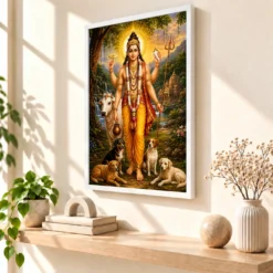 Dattatreya Peaceful Home Mandir Composition Photo Frame — white frame warm console