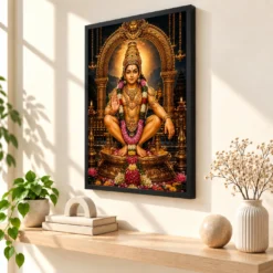 Ayyappa Swamy Ornate Golden Temple Darshan Photo Frame — black frame console