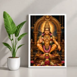 Ayyappa Swamy Ornate Golden Temple Darshan Photo Frame — white frame console