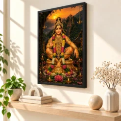 Ayyappa Swamy Serene Sunrise Blessing Photo Frame — black frame console