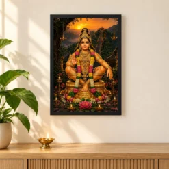 Ayyappa Swamy Serene Sunrise Blessing Photo Frame — black frame pooja shelf
