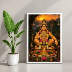 Ayyappa Swamy Serene Sunrise Blessing Photo Frame — white frame console