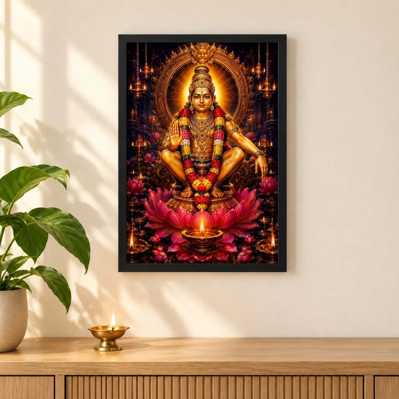 Ayyappa Swamy Lotus And Diya Radiance Photo Frame 3 Ayyappa Swamy Lotus And Diya Radiance Photo Frame — black frame pooja shelf