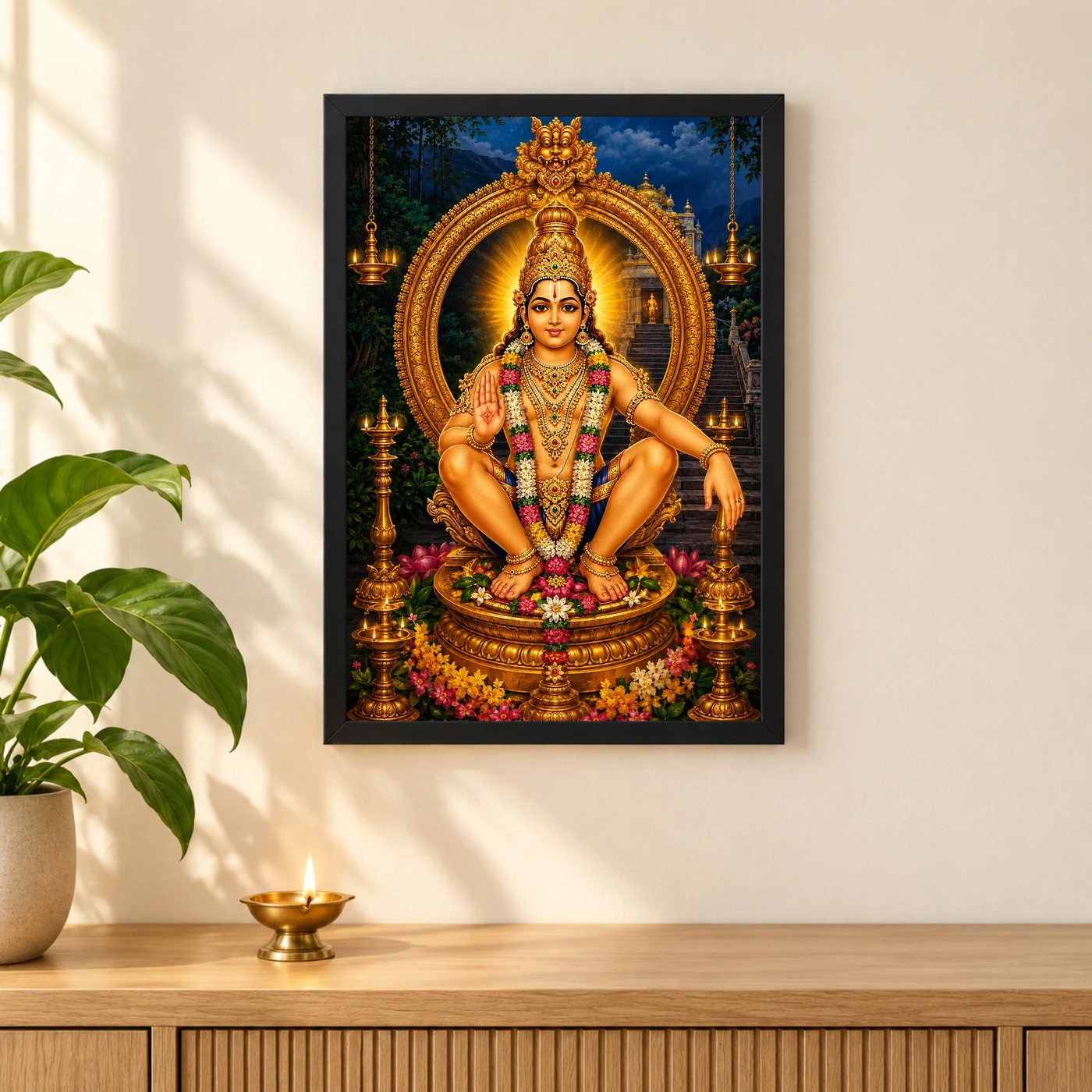 Ayyappa Swamy Traditional Indian Miniature-Inspired Devotional Art Photo Frame 3 Ayyappa Swamy Traditional Indian Miniature-Inspired Devotional Art Photo Frame — black frame pooja shelf