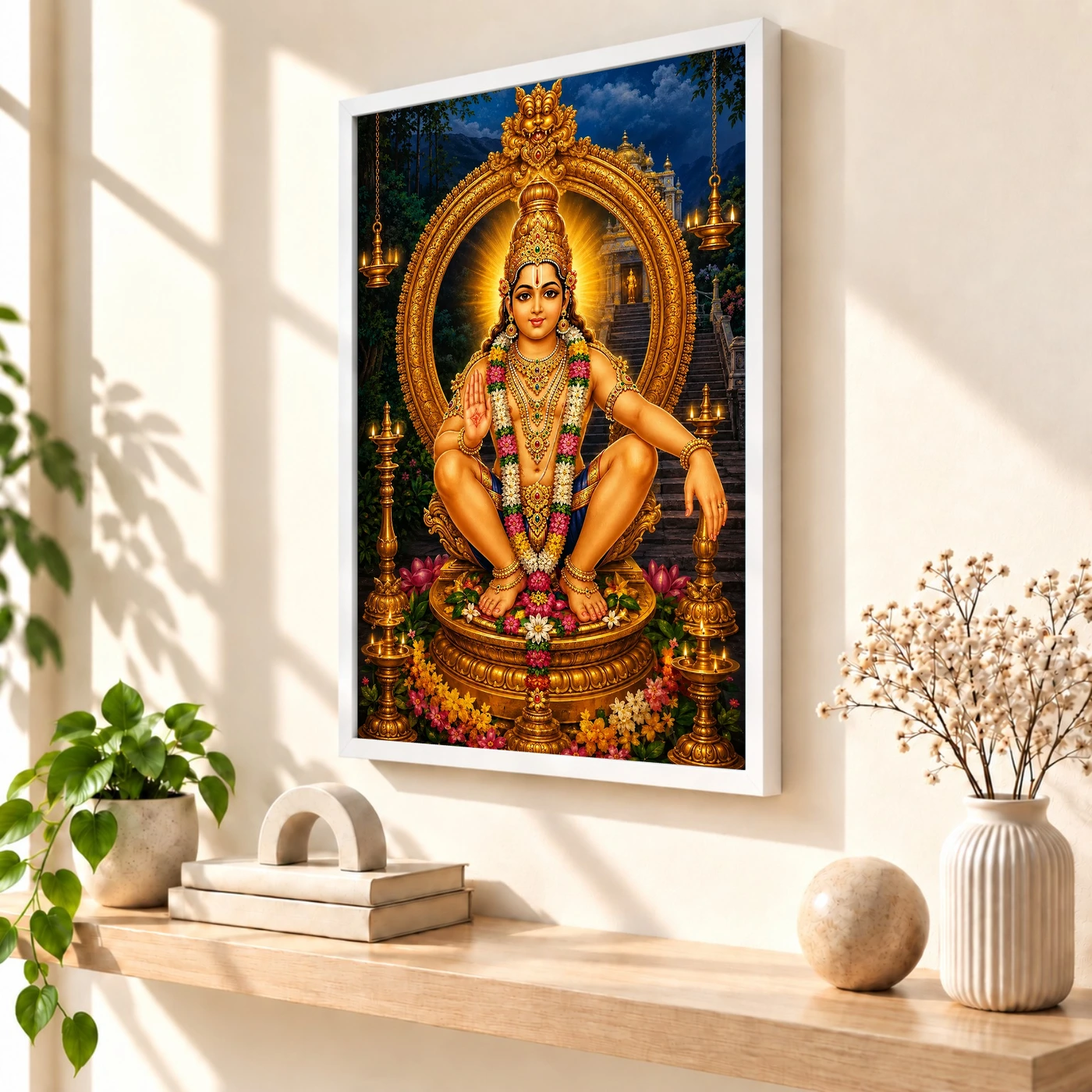 Ayyappa Swamy Traditional Indian Miniature-Inspired Devotional Art Photo Frame 7 Ayyappa Swamy Traditional Indian Miniature-Inspired Devotional Art Photo Frame — white frame warm console