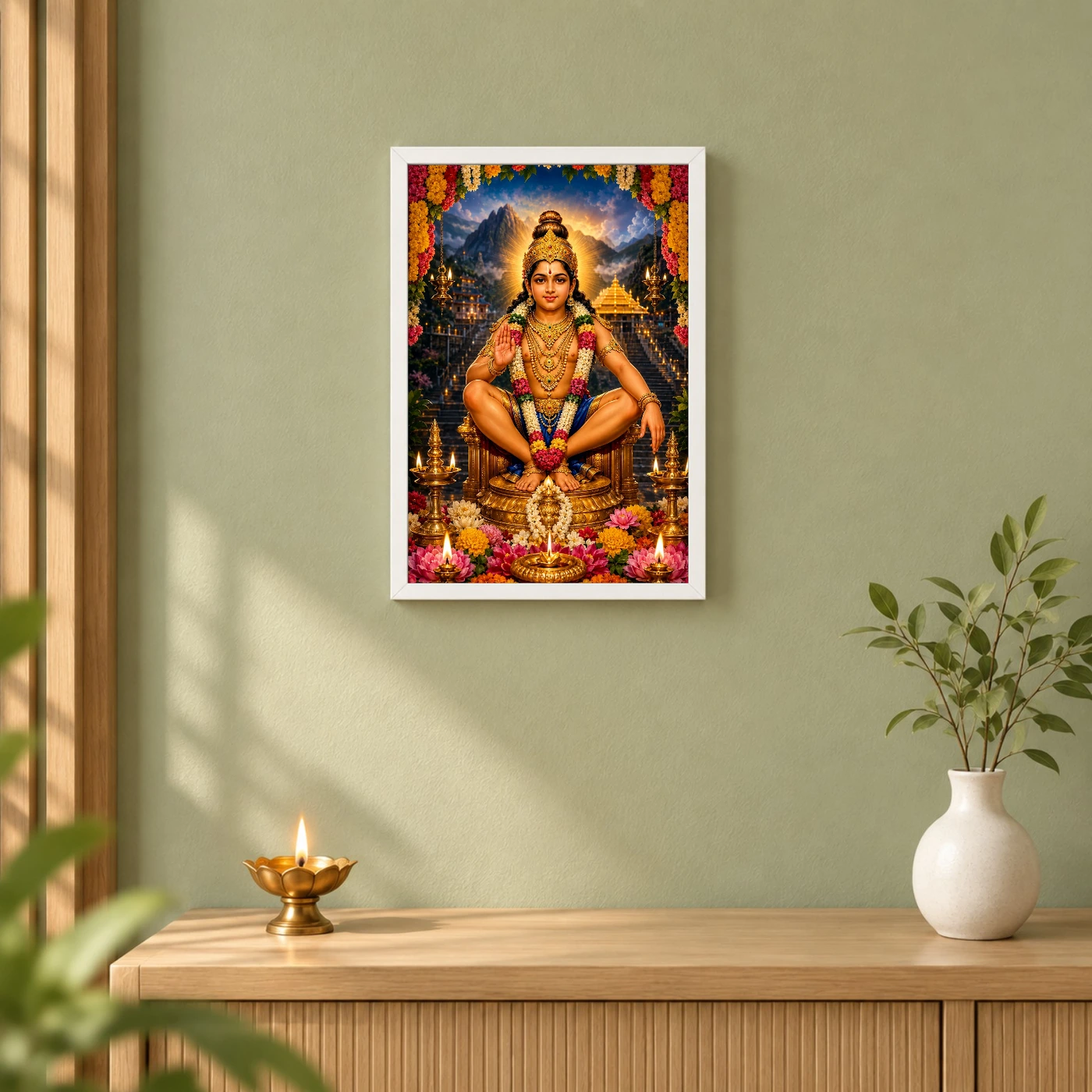 Ayyappa Swamy Grand Festival Flower Decoration Photo Frame 6 Ayyappa Swamy Grand Festival Flower Decoration Photo Frame — white frame distant wall