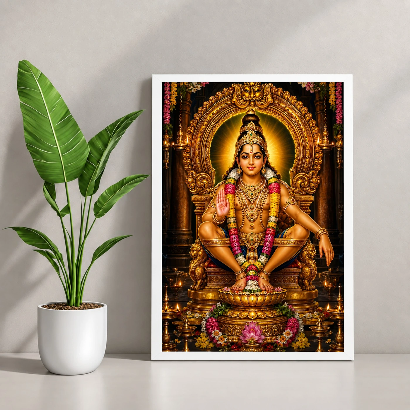 Ayyappa Swamy Peaceful Home Mandir Composition Photo Frame 4 Ayyappa Swamy Peaceful Home Mandir Composition Photo Frame — white frame console