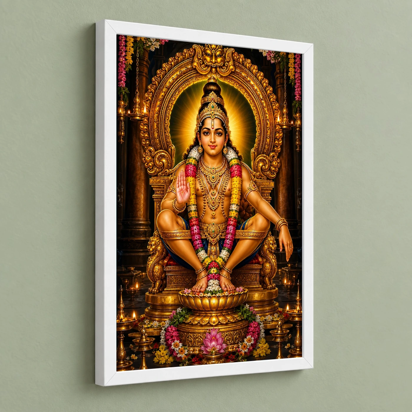 Ayyappa Swamy Peaceful Home Mandir Composition Photo Frame 5 Ayyappa Swamy Peaceful Home Mandir Composition Photo Frame — white frame angled wall