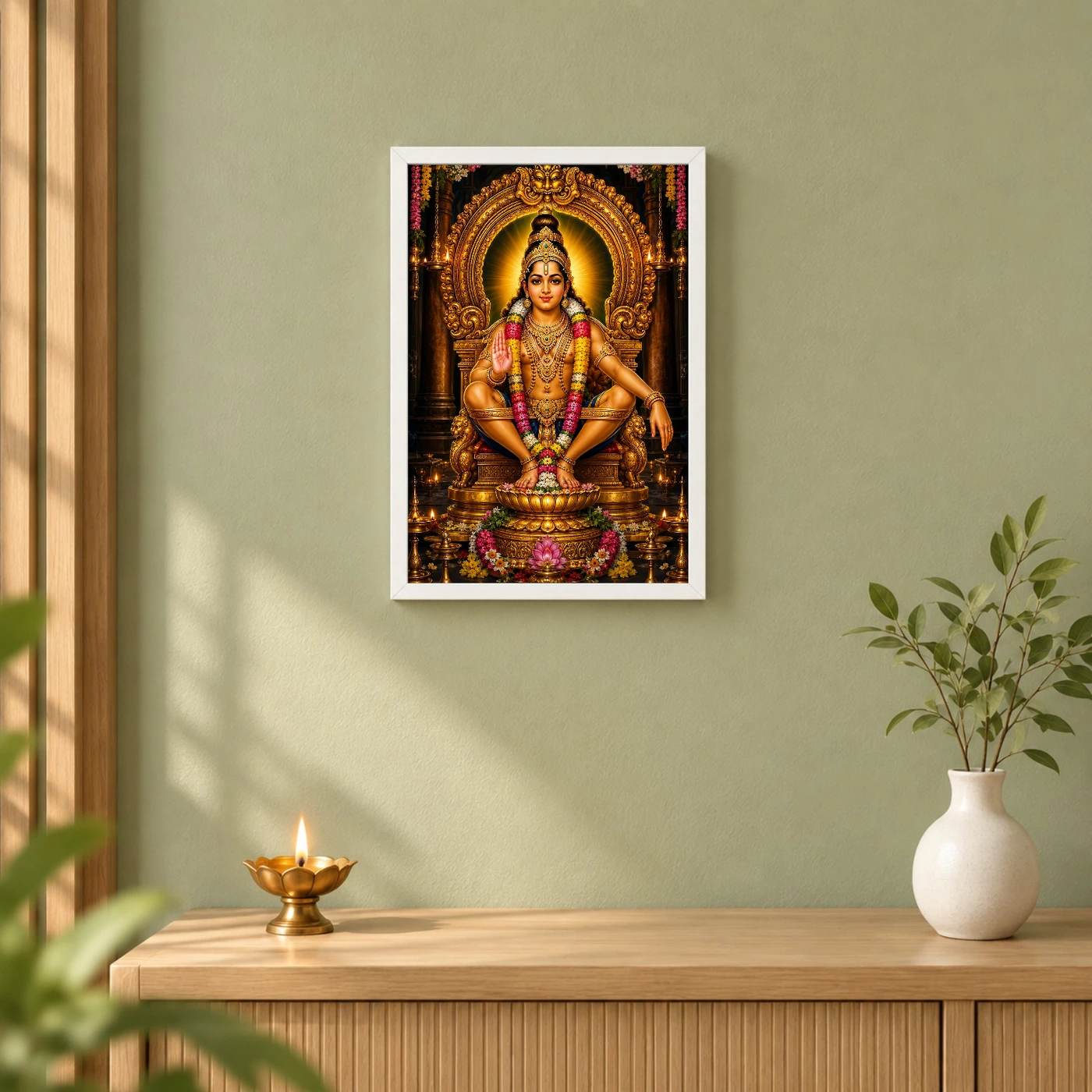 Ayyappa Swamy Peaceful Home Mandir Composition Photo Frame 6 Ayyappa Swamy Peaceful Home Mandir Composition Photo Frame — white frame distant wall