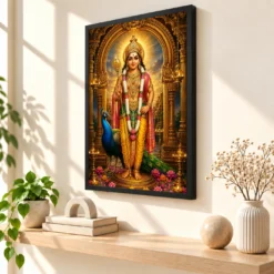 Murugan Kartikeya Ornate Golden Temple Darshan Photo Frame — black frame console