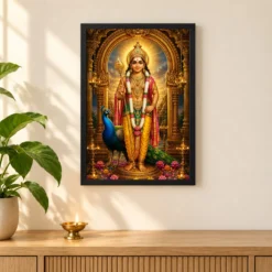 Murugan Kartikeya Ornate Golden Temple Darshan Photo Frame — black frame pooja shelf