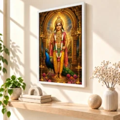 Murugan Kartikeya Ornate Golden Temple Darshan Photo Frame — white frame warm console